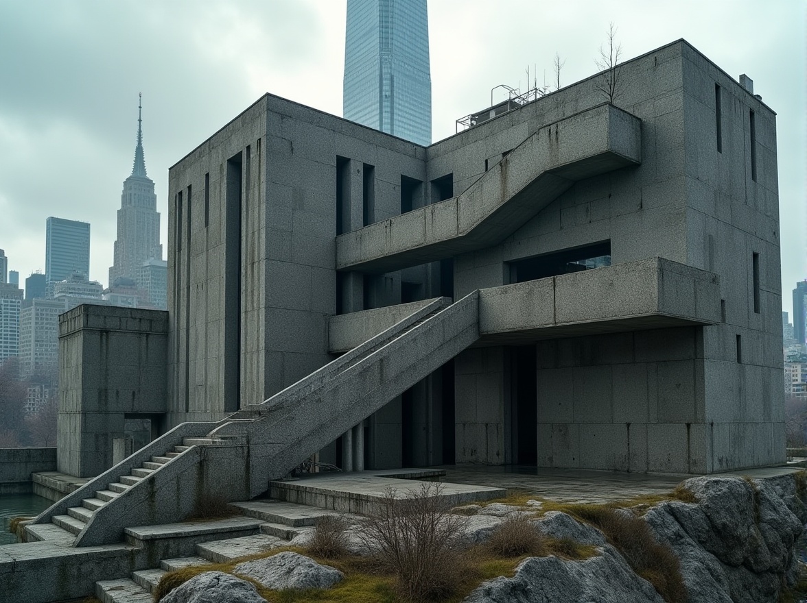 Prompt: Brutalist architecture, granite material, rugged texture, rough-hewn stone walls, fortress-like structure, dramatic cantilevered roofs, monumental staircase, industrial-chic atmosphere, urban cityscape, overcast sky, dramatic shadows, high-contrast lighting, bold geometric shapes, raw concrete accents, weathered steel beams, brutalist skyscraper, metropolitan backdrop.