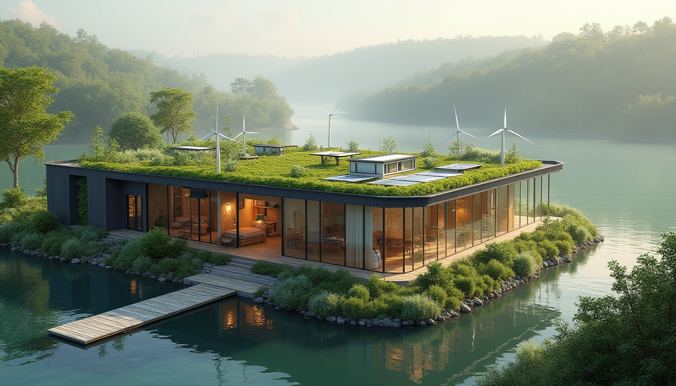 Prompt: Eco-friendly lakefront factory, modern green architecture, steel frame structure, large glass windows, rooftop garden, lush greenery, solar panels, wind turbines, water recycling system, natural stone walls, wooden accents, minimalist interior design, open floor plan, abundant natural light, serene lake views, surrounding forest, misty morning atmosphere, soft warm lighting, shallow depth of field.