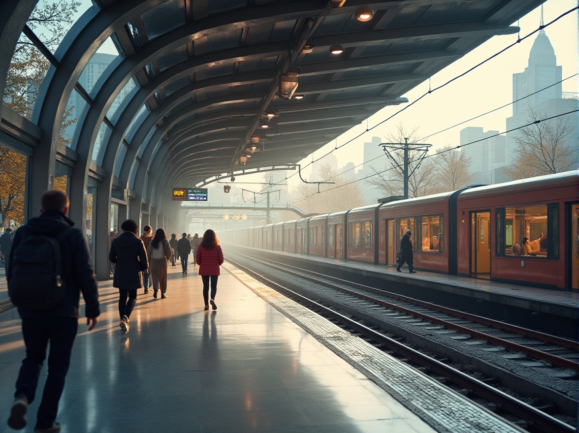 Prompt: Streamlined tram station, modern architecture, sleek lines, curved roof, glass walls, steel beams, elegant lighting fixtures, marble floors, geometric patterns, urban scenery, cityscape, morning sunlight, soft shadows, misty atmosphere, distant skyscrapers, lush greenery, vibrant street art, commuters in motion, dynamic composition, shallow depth of field, cinematic mood, warm color palette.