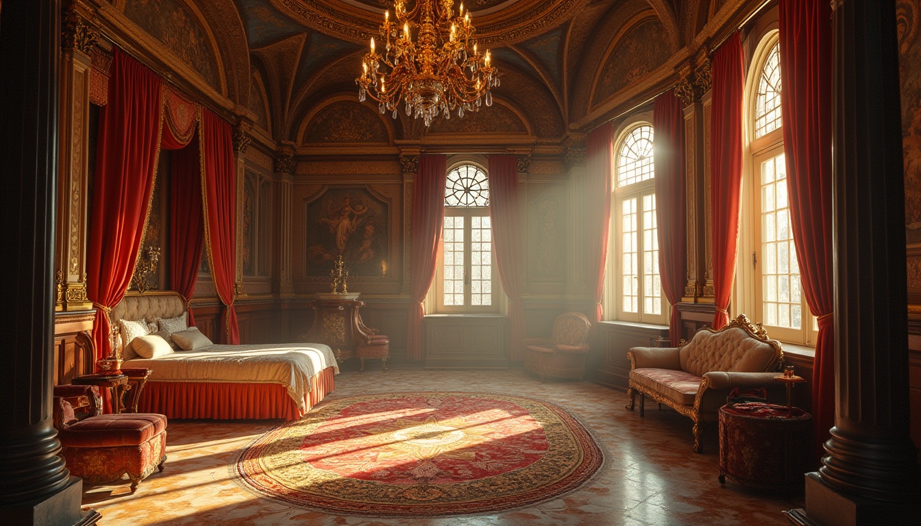 Prompt: Majestic dorm interior, Byzantine style, rich history, ornate golden details, intricate mosaics, grand chandelier, velvet drapes, marble floor, luxurious bedding, embroidered linens, ornamental pillars, arches, domed ceiling, warm soft lighting, afternoon sunbeam, dramatic shadows, 3/4 composition, symmetrical balance, Renaissance-inspired furniture, antique artifacts, mysterious ambiance, ancient relics.