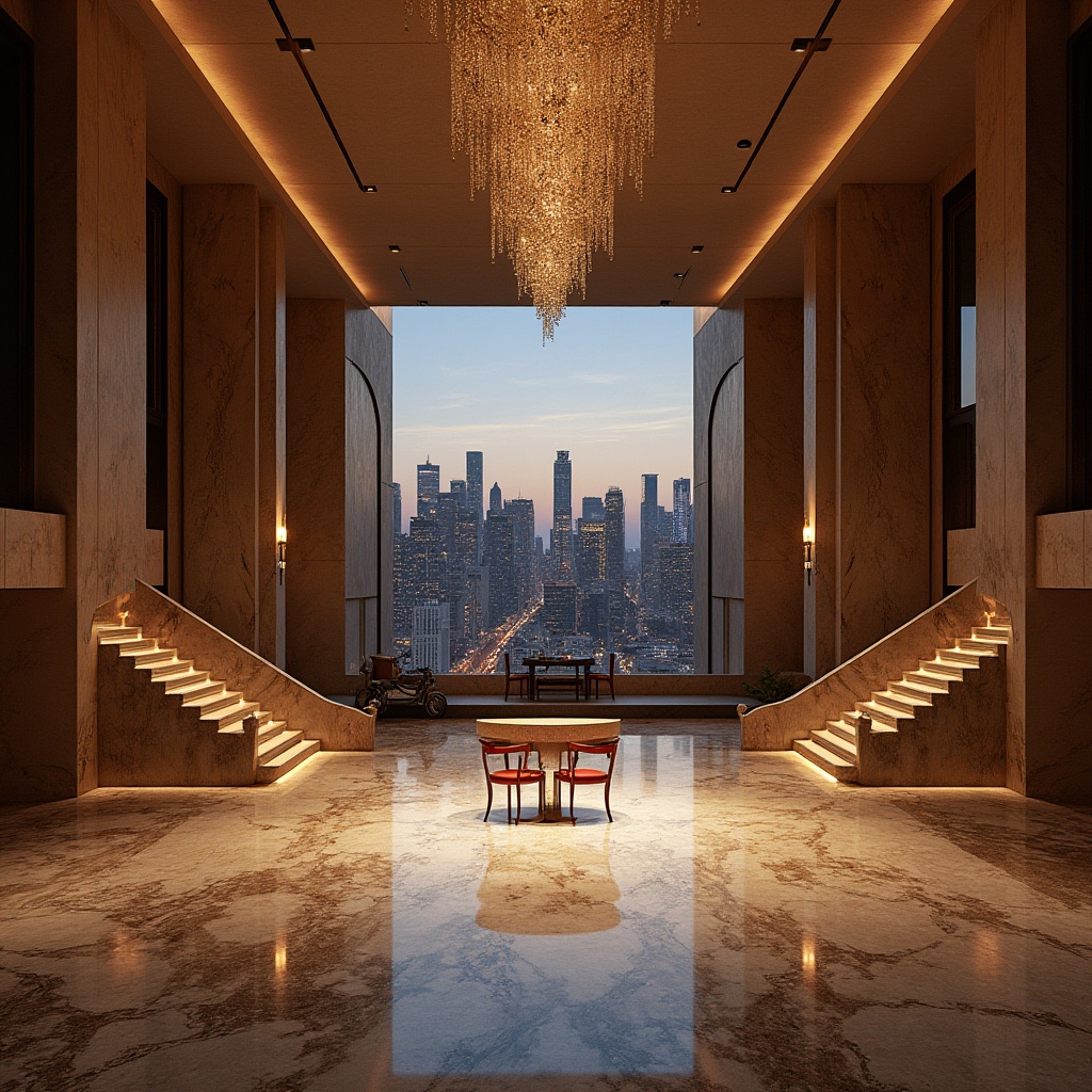 Prompt: Urban concert house, modern architecture, granite material, luxurious interior, polished floor, grand staircase, high ceiling, chandelier, detailed texture, shiny surface, natural pattern, solemn atmosphere, warm lighting, evening scene, cityscape view, skyscraper background, dramatic composition, cinematic mood, 3/4 shot.