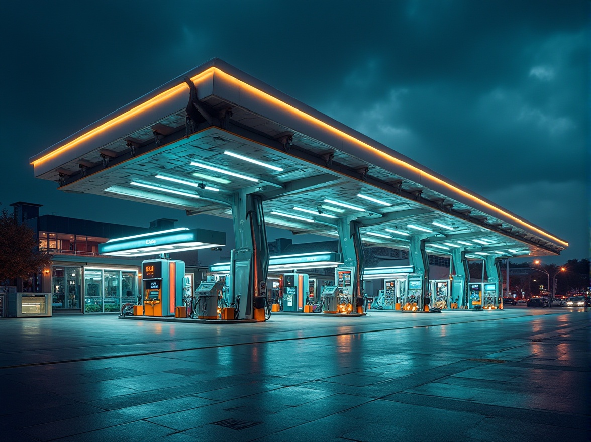 Prompt: Modern gas station, futuristic architecture, sleek lines, neon lights, LED displays, interactive kiosks, self-service pumps, robotic fuel injectors, electronic payment systems, solar panels, green roofs, recycling facilities, energy-efficient lighting, eco-friendly materials, angular steel beams, cantilevered canopies, minimalist interior design, 3/4 composition, panoramic view, dramatic lighting, high-tech ambiance.