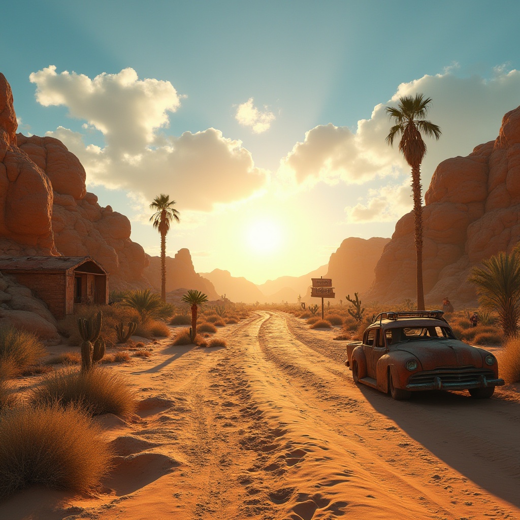 Prompt: Desert environment, vast sand dunes, endless blue sky, blistering sun, golden hour, warm lighting, sandy terrain, rocky formations, cacti, palm trees, oases, ancient ruins, mysterious artifacts, abandoned vehicles, worn tires, rusty machinery, weathered wooden signs, dusty roads, mirage effects, extreme close-up, shallow depth of field, cinematic composition, high contrast, vibrant colors, realistic textures.