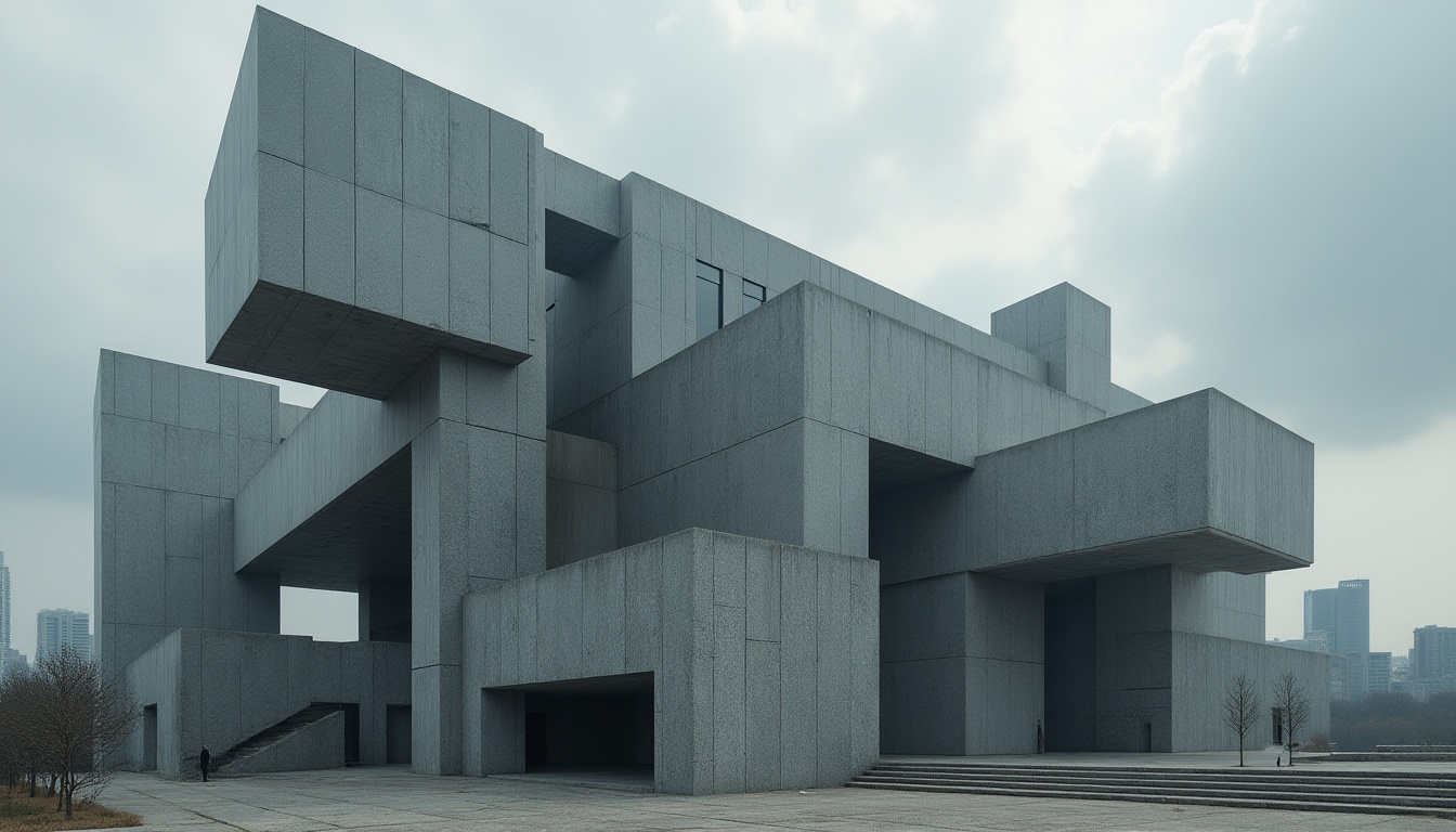 Prompt: Brutalist architecture, modern building, granite material, rough texture, grey tone, monumental structure, geometric shape, fortress-like, urban landscape, cityscape, cloudy sky, dramatic lighting, low-angle shot, heroic composition, cinematic mood.