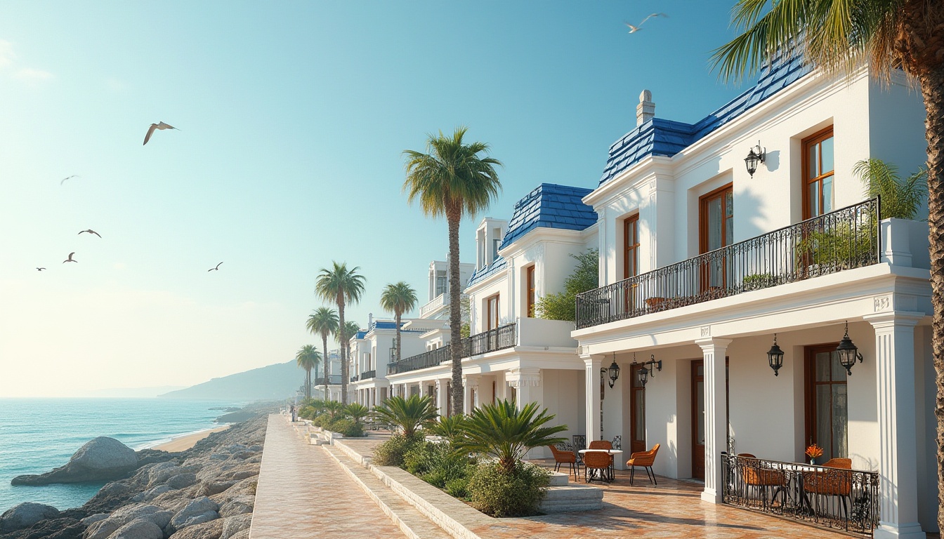 Prompt: Coastal social housing, classicism style, white walls, large windows, blue roof tiles, wooden doors, beachside location, palm trees, sunny day, clear sky, gentle sea breeze, seagulls flying overhead, sandy beach, rocky coastline, vintage lanterns, iron railings, ornate balconies, symmetrical facade, soft natural lighting, warm color tone, comfortable outdoor seating area, ocean view, peaceful atmosphere, 3/4 composition, low-angle shot.