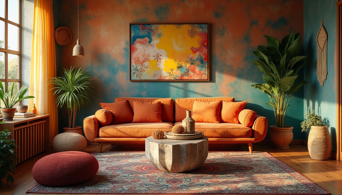 Prompt: Cozy living room, eclectic decor, vibrant colorful walls, abstract artwork, mixed patterned rug, wooden furniture, plush velvet sofa, Moroccan pouf, vintage lamp, lush green plants, macrame wall hanging, woven basket, natural stone coffee table, warm golden lighting, 3/4 composition, soft focus, bohemian chic atmosphere.