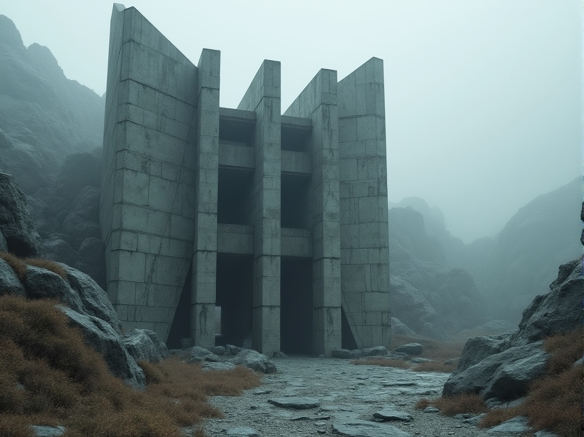 Prompt: Brutalist architecture, granite material, rough texture, monumental structure, angular shape, fortress-like building, concrete columns, stone walls, rugged landscape, misty atmosphere, dramatic lighting, low-angle shot, cinematic composition, 3/4 view, heroic scale, raw materiality, industrial aesthetic, urban context, cityscape background.