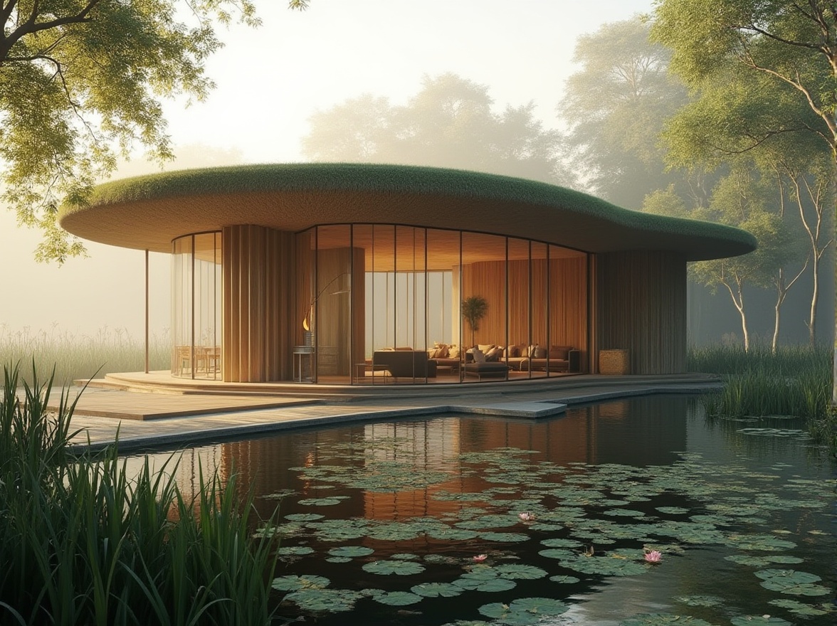 Prompt: Wetland pavilion, modern curved architecture, wooden structure, thatched roof, green walls, large windows, natural light, reflection pool, surrounding wetlands, tall reeds, water lilies, misty morning atmosphere, soft warm lighting, 3/4 composition, panoramic view, shallow depth of field, serene ambiance, natural materials, earth tones, minimal decor.