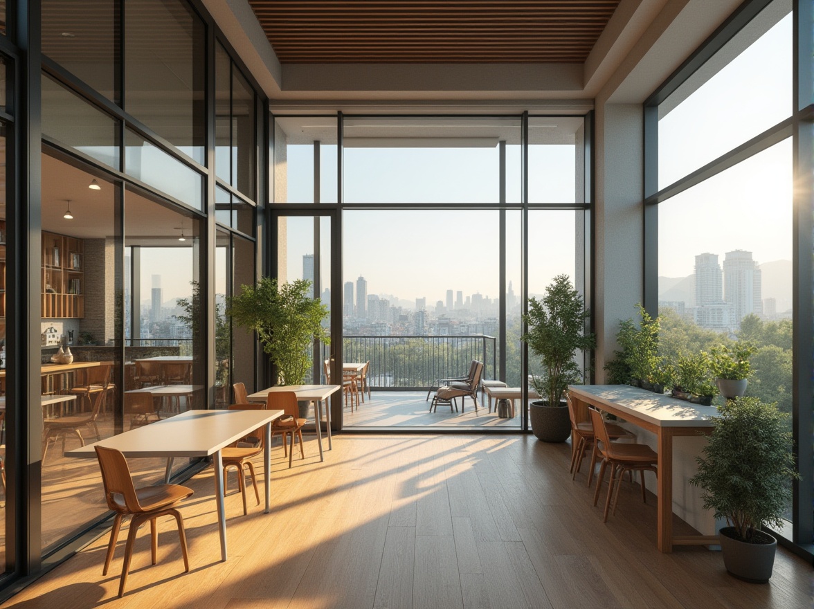 Prompt: Modern student hall, international style, minimal decoration, clean lines, rectangular shapes, large glass windows, natural light, wooden floors, simple furniture, steel frames, plants on balcony, urban view, cityscape, afternoon sunlight, soft shadows, 3/4 composition, cinematic lighting, neutral color palette, functional design.