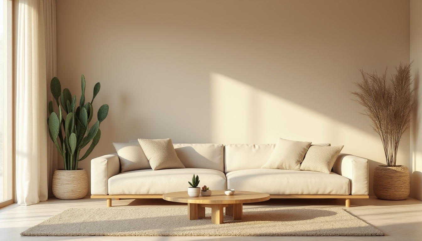 Prompt: Minimalist interior, modern living room, incorporating sand-casted materials, beige walls, natural light pouring through floor-to-ceiling windows, sleek low-profile sofa, wooden coffee table with sandy texture, potted cactus plants, woven rattan baskets, soft cream-colored rug, subtle earthy tones, airy atmosphere, 3/4 composition, warm ambient lighting, shallow depth of field.