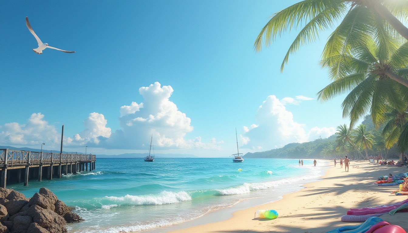 Prompt: Coastal scenery, sunny day, blue sky with few white clouds, gentle sea breeze, waves crashing against rocky shores, a lone seagull flying overhead, weathered wooden pier jutting out into the ocean, a small sailboat bobbing gently in the calm waters, beach towels and colorful inflatables scattered on the sandy beach, a group of people playing volleyball in the distance, palm trees swaying softly, warm and soft ambient lighting, shallow depth of field, 3/4 composition, realistic, HDR.