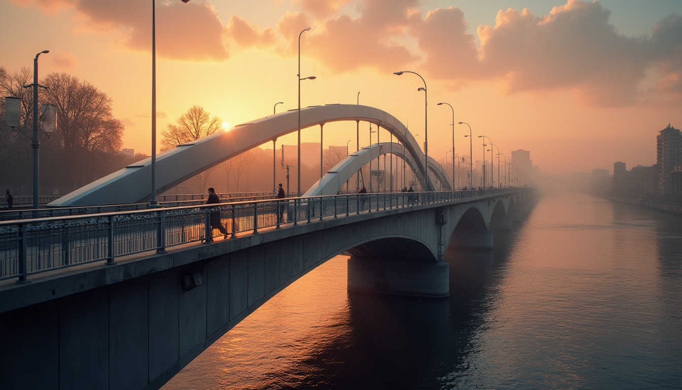 Prompt: Streamline Moderne style bridge, curved lines, sleek metallic material, silver color, art deco patterns, urban cityscape, river flowing beneath, sunset warm light, dramatic shadows, misty atmosphere, evening commute, few pedestrians walking, modern street lamps lining the bridge, ornate railings, geometric shapes, 3/4 composition, low-angle shot, cinematic lighting, HDR effect.