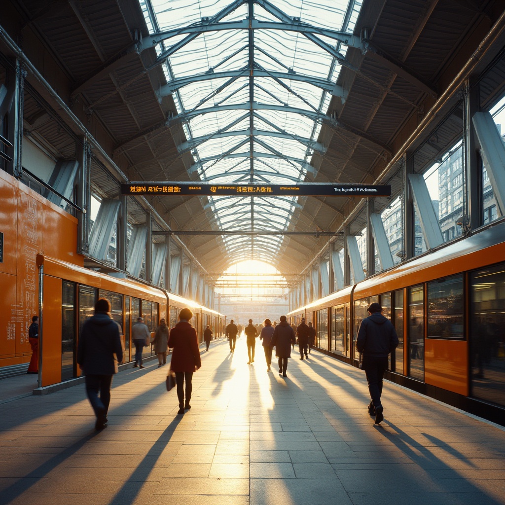 Prompt: Modern tram station, ochre color scheme, industrial metal beams, sleek glass roof, minimalist design, urban atmosphere, busy pedestrians, morning rush hour, soft natural light, dramatic shadows, futuristic vibes, metallic columns, concrete floor, vibrant ochre accents, LED displays, electronic advertisements, dynamic composition, low-angle shot, cinematic lighting.