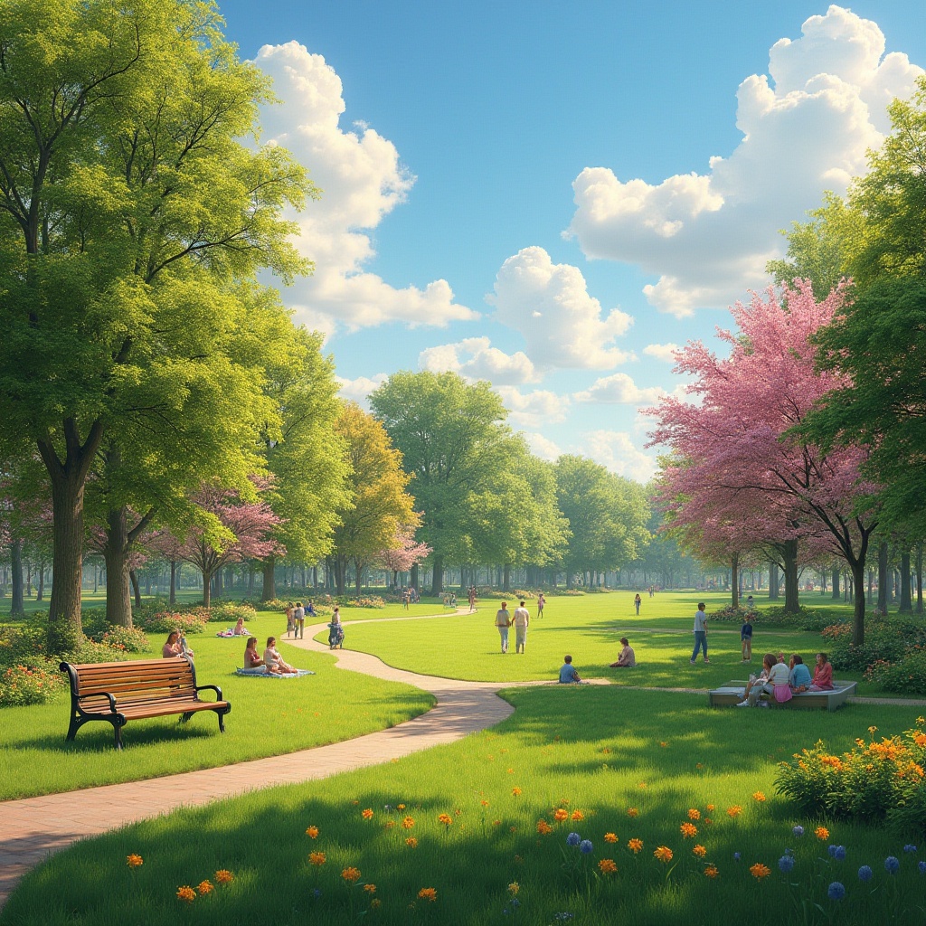 Prompt: Gainsboro color, serene atmosphere, park scenery, lush green grass, vibrant flowers, blooming trees, winding pathways, wooden benches, people strolling, children playing, picnic blankets, sunny day, soft warm light, gentle breeze, fluffy white clouds, blue sky, natural ambiance, harmonious colors, peaceful composition, horizontal frame.