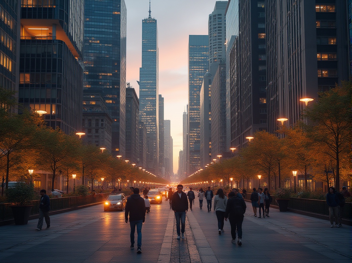 Prompt: Urban landscape, khaki color tone, modern architecture, sleek skyscrapers, busy streets, city lights, night scene, warm ambient lighting, shallow depth of field, people in casual wear, backpacks, sneakers, walking, chatting, laughing, urban plants, concrete roads, metal railings, street lamps, 3/4 composition, panoramic view.