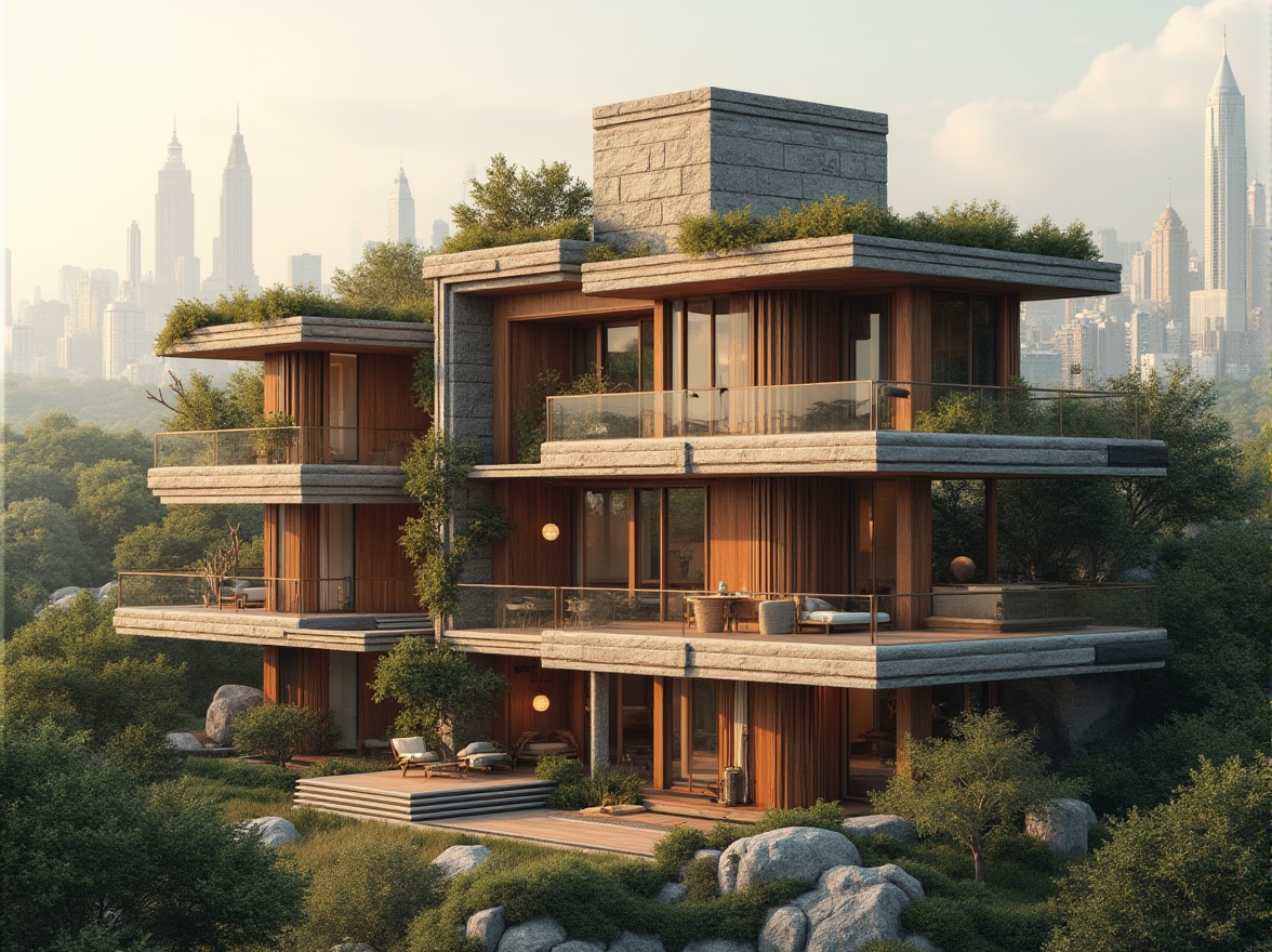 Prompt: Brown color palette, modern architectural design, urban landscape, cityscape, skyscraper, villa, residential building, earthy tone, warm atmosphere, natural materials, wooden accents, stone walls, concrete structures, green roofs, minimalist decor, large windows, natural light, soft shadows, 3/4 composition, low-angle shot, cinematic lighting, realistic render.