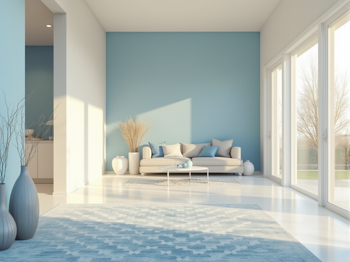 Prompt: Light blue themed modern villa, spacious interior, large windows, soft natural light, cream-colored walls, light blue accent walls, white furniture, decorative vases, blue and white patterned rug, minimal ornaments, sleek lines, elegant atmosphere, morning sunbeams, gentle shadows, warm ambient lighting, 3/4 composition, panoramic view.