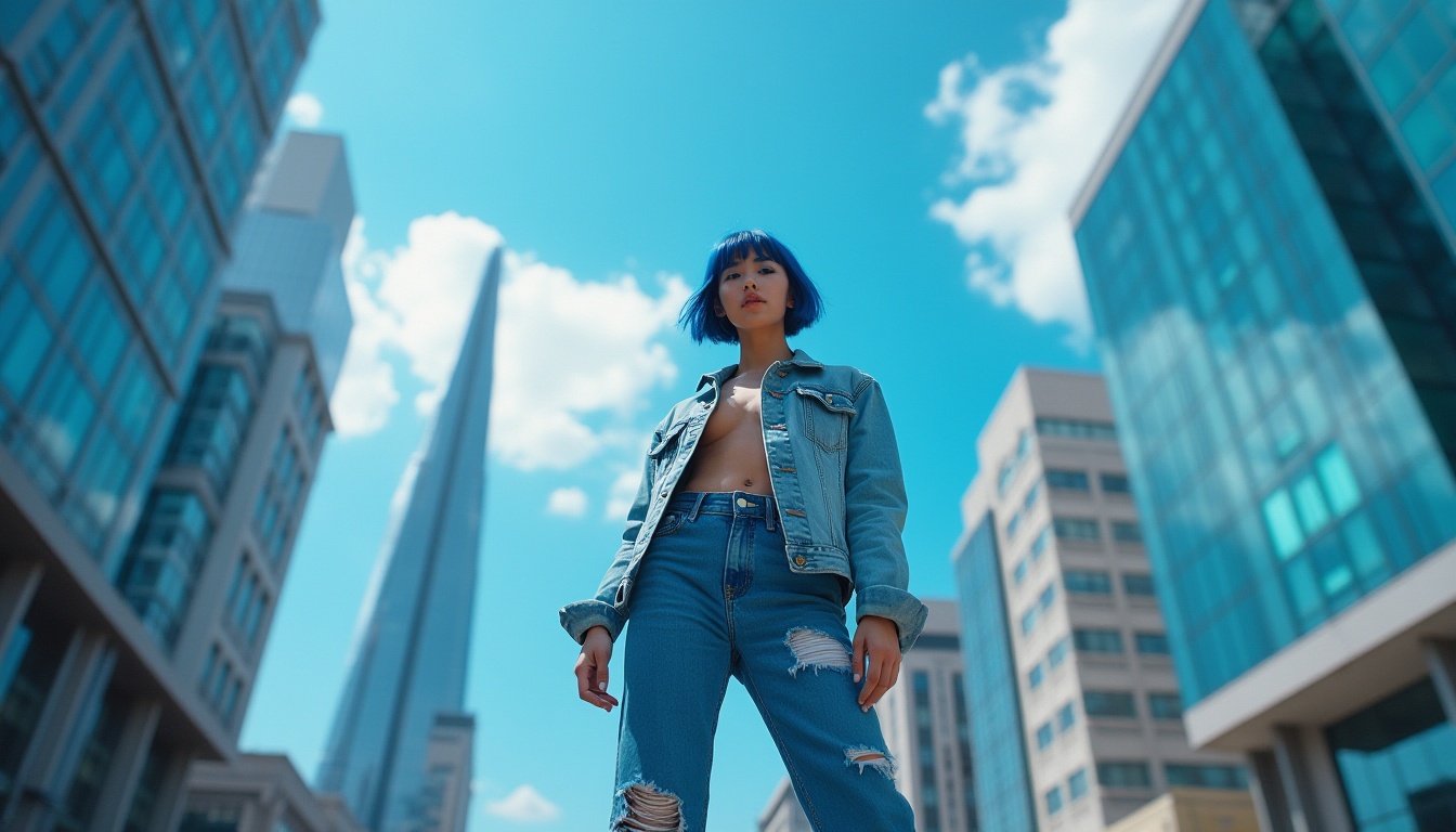 Prompt: Vibrant atmosphere, blue dominant color scheme, bright sunny day, clear blue sky, fluffy white clouds, modern cityscape, sleek skyscraper, reflective glass windows, vibrant blue neon lights, bustling streets, fashionable young woman, short blue hair, bold blue eyeliner, trendy blue denim jacket, distressed blue jeans, white sneakers, dynamic posing, confident facial expression, urban background, shallow depth of field, cinematic composition, warm and soft ambient lighting.