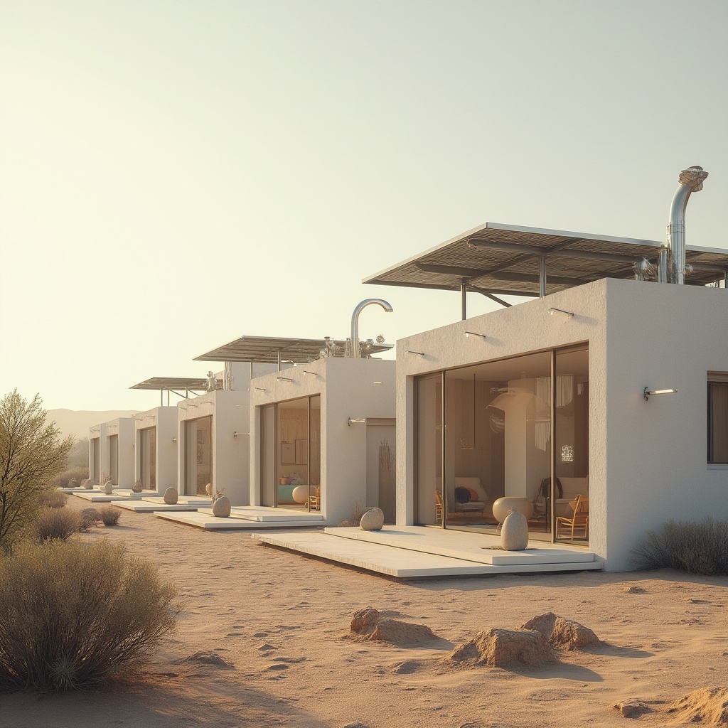 Prompt: Savannah-inspired energy plant, minimalistic architecture, white concrete walls, large glass windows, solar panels on rooftops, steel pipes, industrial chic, desert landscape, acacia trees, sandy dunes, warm sunlight, soft shadows, 3/4 composition, low-angle shot, cinematic lighting, ambient occlusion, photorealistic rendering.