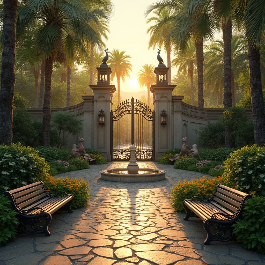 Prompt: Art Deco park, lush greenery, vibrant flowers, majestic trees, winding stone pathways, intricate iron gates, ornate lanterns, geometric fountain, symmetrical architecture, luxurious benches, natural stone walls, vibrant peacock statues, abstract botanical sculptures, warm golden lighting, sunset ambiance, 3/4 composition, cinematic atmosphere.