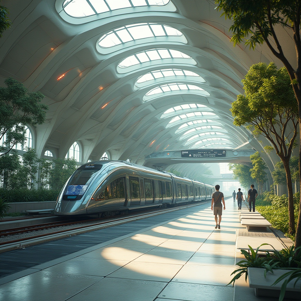 Prompt: Futuristic train station, innovative architecture, urban park setting, greenery surroundings, modern cityscape, sleek metallic materials, glass dome roof, curved lines, minimalist interior design, LED lighting, digital displays, automatic sliding doors, pedestrian bridge, stairs, escalators, urban jungle atmosphere, sunny day, warm natural light, soft shadows, 3/4 composition, panoramic view, cinematic ambiance, vibrant colors, abstract patterns on the floor, geometric shapes, modern benches, futuristic advertisements.