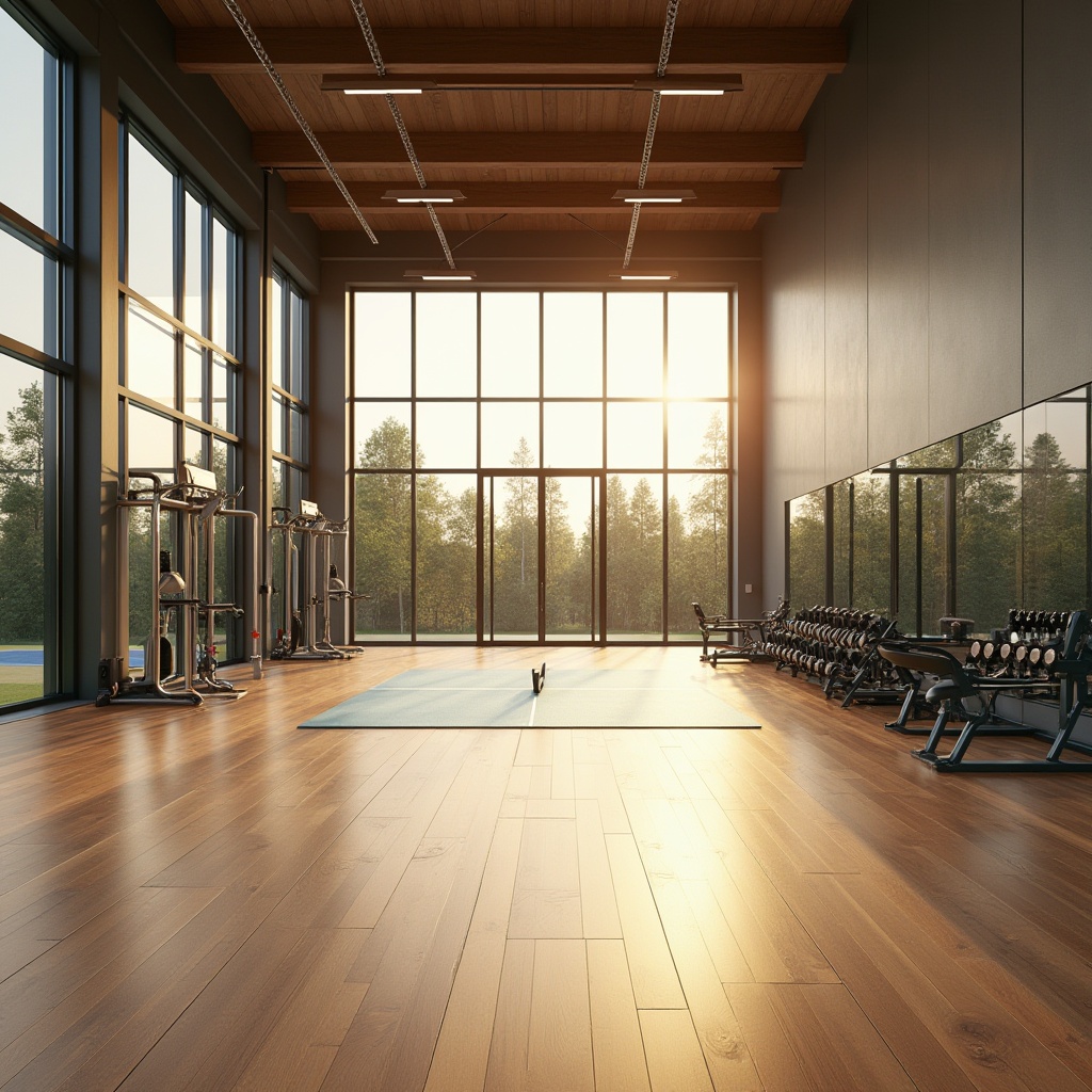 Prompt: Modern suburban gymnasium, large windows, natural light, wooden flooring, minimalist interior design, sleek lines, metallic equipment, mirrored walls, high ceilings, spacious atmosphere, bright color scheme, athletic tracks, basketball court, tennis tables, exercise machines, dumbbells, kettlebells, yoga mats, fitness classes, group training, personal training, sunset lighting, soft shadows, 3/4 composition, warm tone, inviting ambiance, community focused, eco-friendly materials, sustainable architecture, green roof, outdoor running track, surrounding trees, lush vegetation.