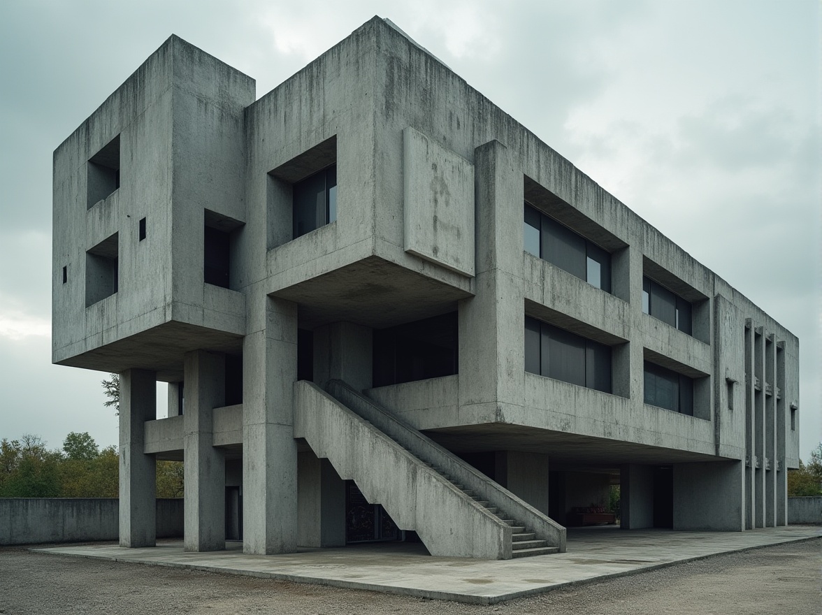 Prompt: Concrete brutalist building, geometric shape, rugged texture, fortress-like structure, imposing presence, urban landscape, cloudy sky, dramatic lighting, low-angle shot, strong shadows, raw concrete walls, exposed ductwork, industrial pipes, minimalist decor, functional furniture, bold architectural forms, brutalist architecture movement, 1960s-70s retrofuturism, Le Corbusier inspiration, urban decay, post-apocalyptic atmosphere, desaturated color palette, high-contrast photography.