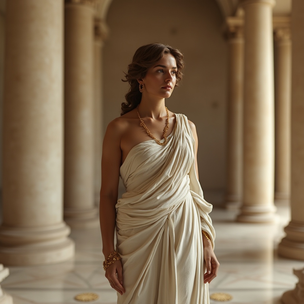 Prompt: Bronze statue, ancient Greek inspired, mature lady, curly brown hair, elegant makeup, golden jewelry, flowing white toga, standing, museum interior, marble floor, tall pillars, warm softbox lighting, shallow depth of field, cinematic composition, classical architecture, Renaissance style, warm beige background, subtle texture, luxurious atmosphere.