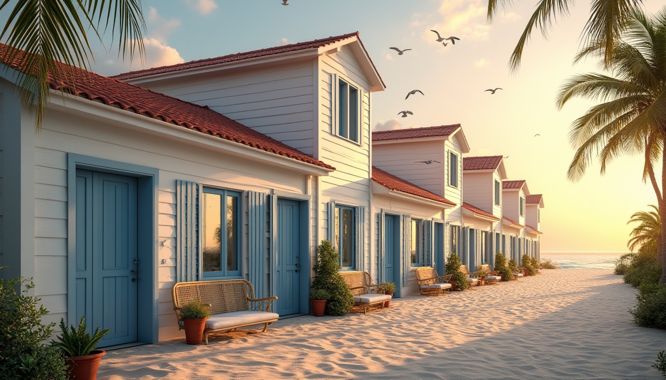 Prompt: Classic coastal social housing, symmetrical facade, white walls, wooden doors, large windows, blue shutters, red roof tiles, cozy porch, wicker furniture, potted plants, beachside location, sunset view, seagulls flying overhead, gentle sea breeze, sandy beach, palm trees swaying, warm ambient lighting, 3/4 composition, shallow depth of field, soft focus on background, vibrant colors, natural texture, peaceful atmosphere.