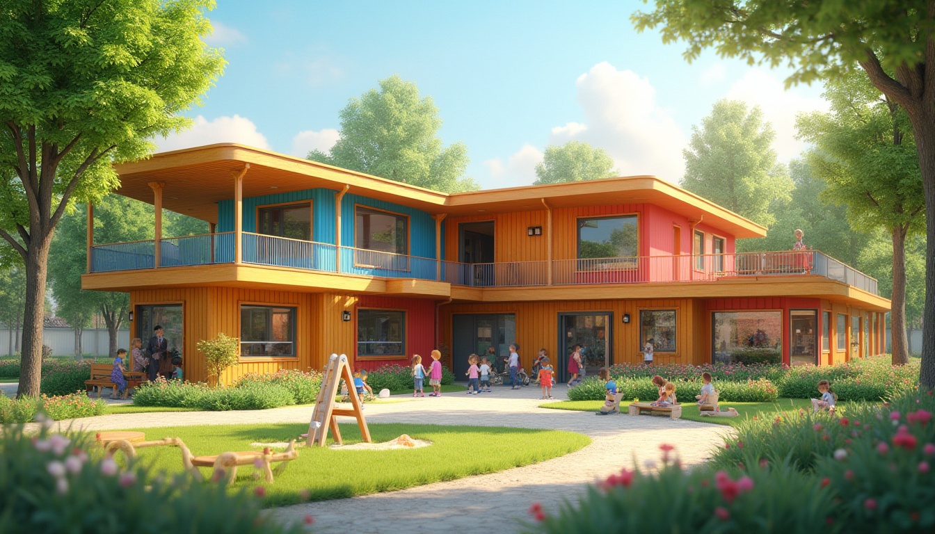 Prompt: Colorful kindergarten building, regionalism style, vibrant exterior walls, wooden accents, large windows, curved lines, playful roof design, surrounded by lush greenery, tall trees, flower beds, winding pathways, outdoor playground equipment, swings, slides, sandboxes, kids playing, joyful atmosphere, warm sunlight, soft focus, shallow depth of field, gentle bokeh, 3/4 composition, natural lighting, afternoon time.