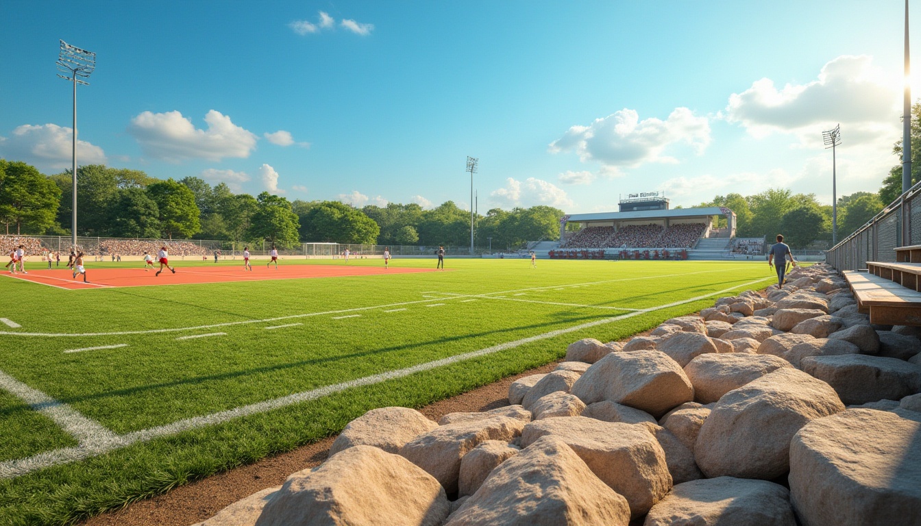 Prompt: Sandstone, sports field, sunny day, clear blue sky, lush green grass, athletic track, soccer goalposts, tennis court, basketball hoop, volleyball net, wooden benches, athletes running, jumping, playing, cheering crowd, scoreboard, sports equipment, natural texture, earthy tone, rough surface, warm ambient lighting, panoramic view, 3/4 composition.