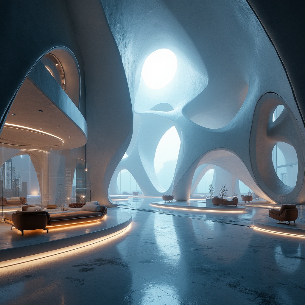 Prompt: Canyon inspirations in design, abstract futuristic architecture, grandiose curved lines, metallic materials, glass, steel beams, neon lights, LED strips, sleek modern interior, minimalist decorations, ergonomic furniture, ambient occlusion, cinematic lighting, atmospheric fog, misty morning, dramatic composition, 3/4 view, low-angle shot, symmetrical framing.