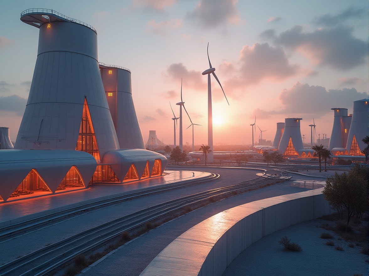 Prompt: Savannah-inspired, minimalistic, energy plants, modern architecture, sleek lines, curved shapes, solar panels, wind turbines, industrial pipes, metallic surfaces, LED lights, glowing accents, futuristic ambiance, subtle gradient sky, warm sunset tones, dramatic shadows, low-angle shot, cinematic composition, 3/4 view.