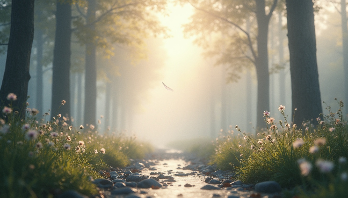 Prompt: Soft light gray background, calming atmosphere, gentle mist, serene forest, tall trees with subtle leaf movements, a quiet stream flowing in the distance, smooth stone path, a few blooming wildflowers in pastel colors, a single white feather gently floating down, warm softbox lighting, shallow depth of field, peaceful ambiance, cinematic composition.