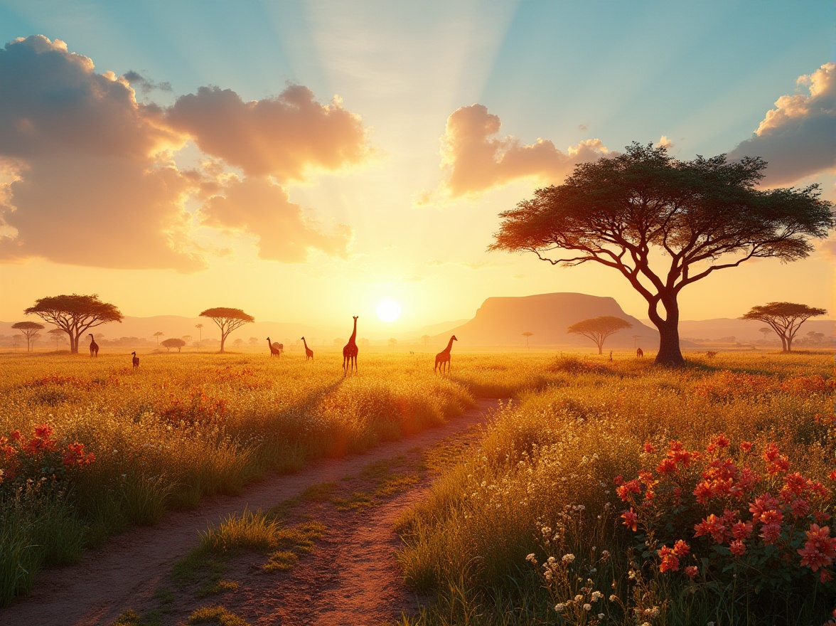 Prompt: Savanna landscape, sunset time, warm golden light, acacia trees, tall grasslands, wildflowers blooming in vibrant colors, a winding dirt path, few giraffes roaming freely, a distant rocky outcrop, blue sky with few white clouds, dramatic cloud formations, soft warm ambient lighting, 3/4 composition, panoramic view.