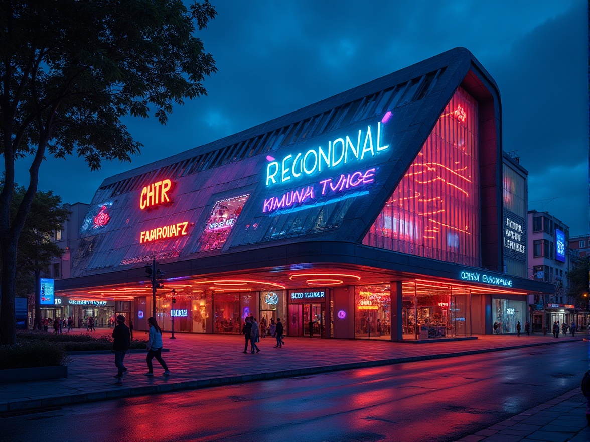 Prompt: Modern music venue, regionalism style, sleek glass façade, neon lights, vibrant color scheme, geometric shapes, urban cityscape, bustling streets, night scene, warm glow, atmospheric lighting, 3/4 composition, low-angle shot, dynamic architecture, metallic structure, industrial materials, brutalist elements, contemporary design, abstract patterns, futuristic vibes.