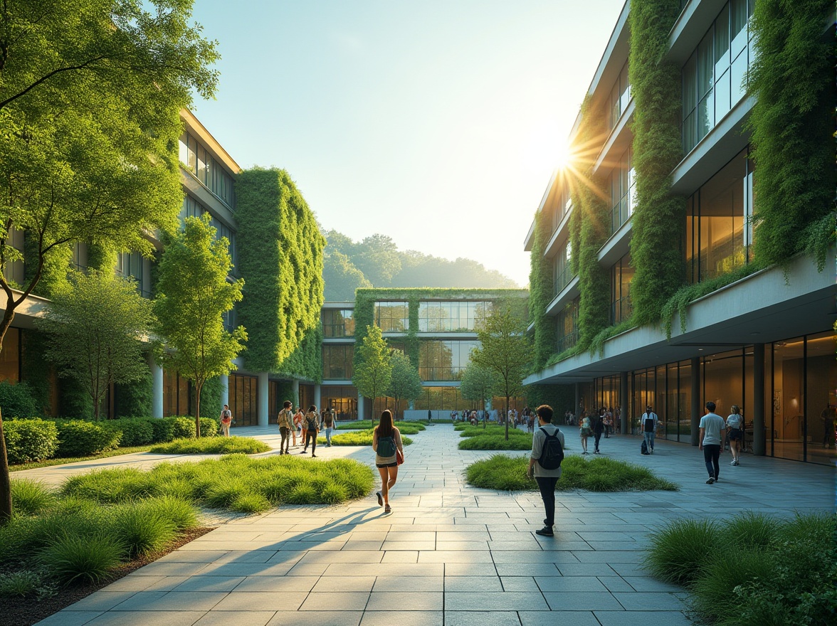 Prompt: Green campus architecture, modern university building, sleek lines, green roofs, lush vertical gardens, large glass windows, natural light, open courtyard, stone pavement, greenery surroundings, tranquil atmosphere, students walking, backpacks, laptops, books, casual clothing, warm sunlight, soft shadows, afternoon scene, 3/4 composition, wide-angle shot, vibrant colors.