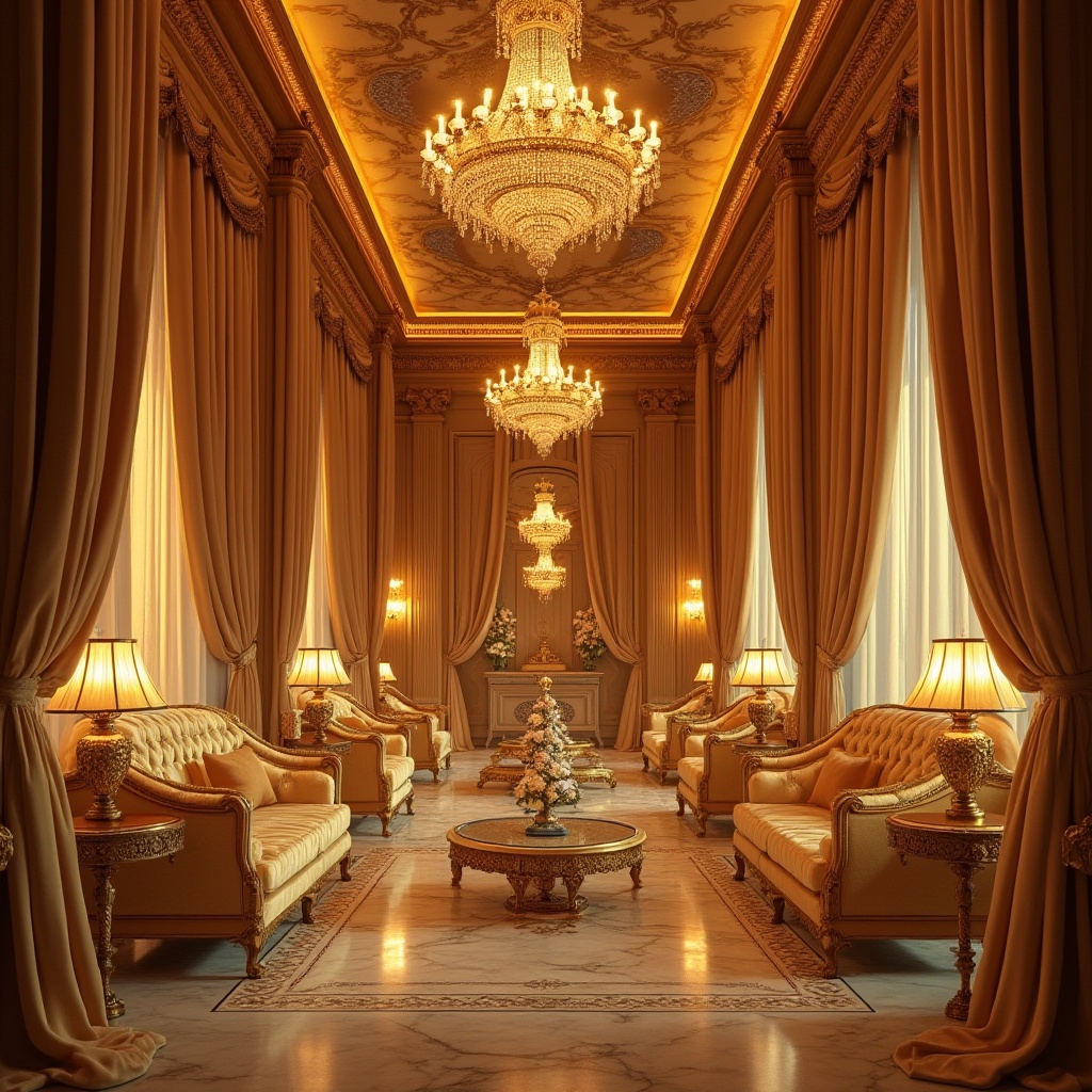 Prompt: golden color, luxurious ambiance, warm lighting, elegant decorations, ornate furniture, velvet drapes, lavish chandeliers, marble floors, intricate patterns, regal atmosphere, royal treatment, high-end fashion, expensive jewelry, lavish lifestyle, aristocratic setting, grandiose architecture, palace interior, opulent textiles.