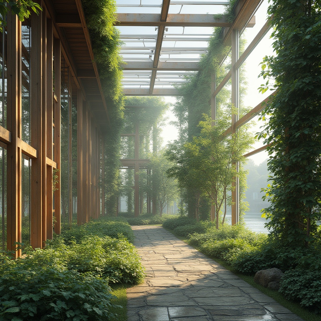 Prompt: Lakefront factory, green architecture, modern industrial design, abundant natural light, floor-to-ceiling windows, vertical garden walls, lush greenery, sustainable materials, reclaimed wood, metal frames, solar panels, wind turbines, eco-friendly atmosphere, tranquil water views, serene surrounding landscape, misty morning, soft warm lighting, 3/4 composition, panoramic view.