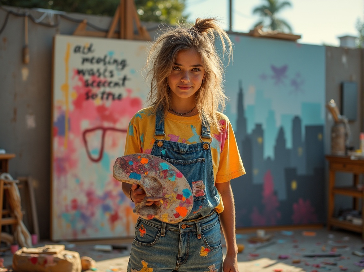 Prompt: Youthful artist, 18yo, creative messy hair, colorful paint-stained clothes, holding a vibrant palette, standing in front of a large canvas, urban graffiti-style mural, cityscape background, bright sunny day, warm lighting, shallow depth of field, bold brushstrokes, mixed media, dynamic composition, inspiring quote on the wall, eclectic decor, artistic mess, scattered art supplies, energetic atmosphere.