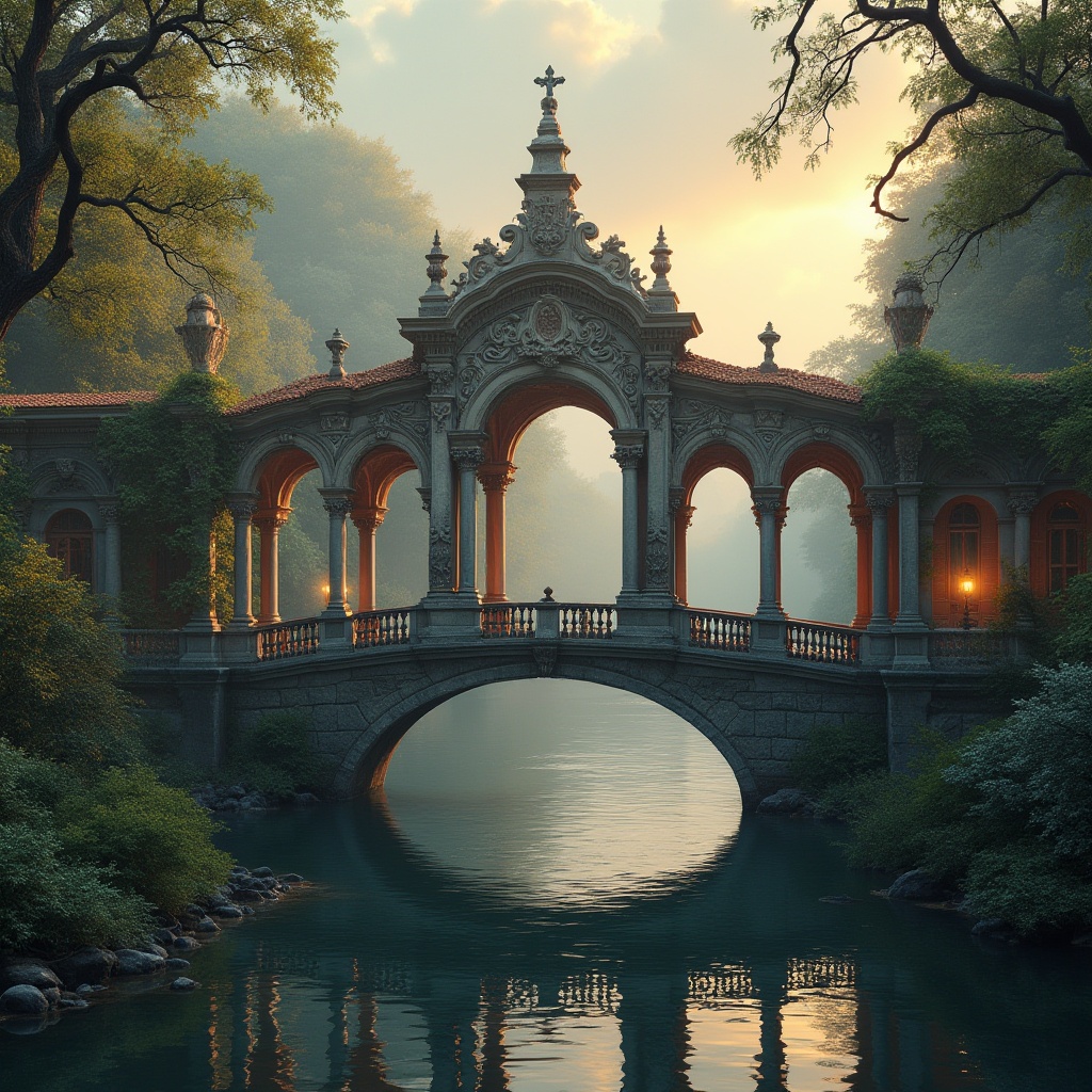 Prompt: Elegant Baroque bridge, grand arches, ornate stone carvings, intricate ironwork railings, majestic pillars, curved lines, dramatic lighting, misty atmosphere, serene river flowing beneath, lush greenery, vines crawling up columns, water reflection, golden hour, soft focus, symmetrical composition, Renaissance-inspired architecture, rustic stonework, weathered copper accents.