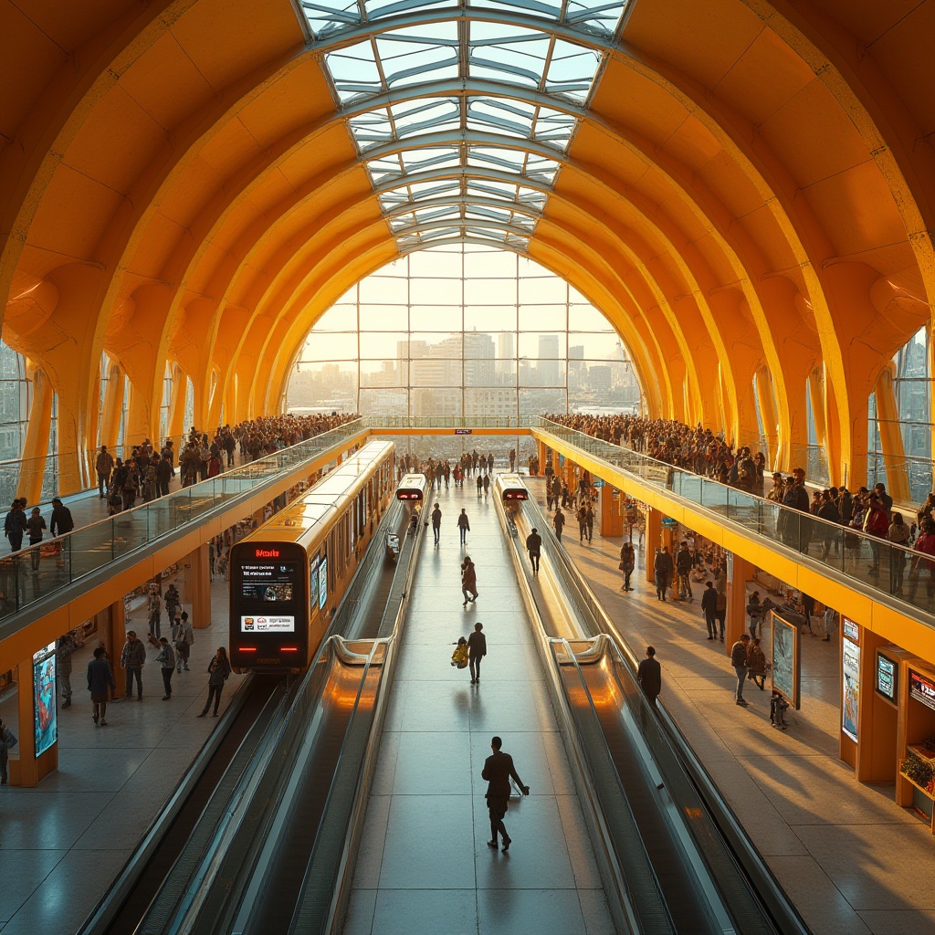 Prompt: Modern tram station, Ocher color scheme, vibrant orange-yellow hues, futuristic architecture, sleek lines, geometric shapes, large glass windows, natural light pouring in, bustling atmosphere, people moving swiftly, escalators, modern signage, electronic displays, steel beams, polished concrete floors, urban landscape, cityscape, evening ambiance, warm artificial lighting, high-angle shot, dynamic composition.