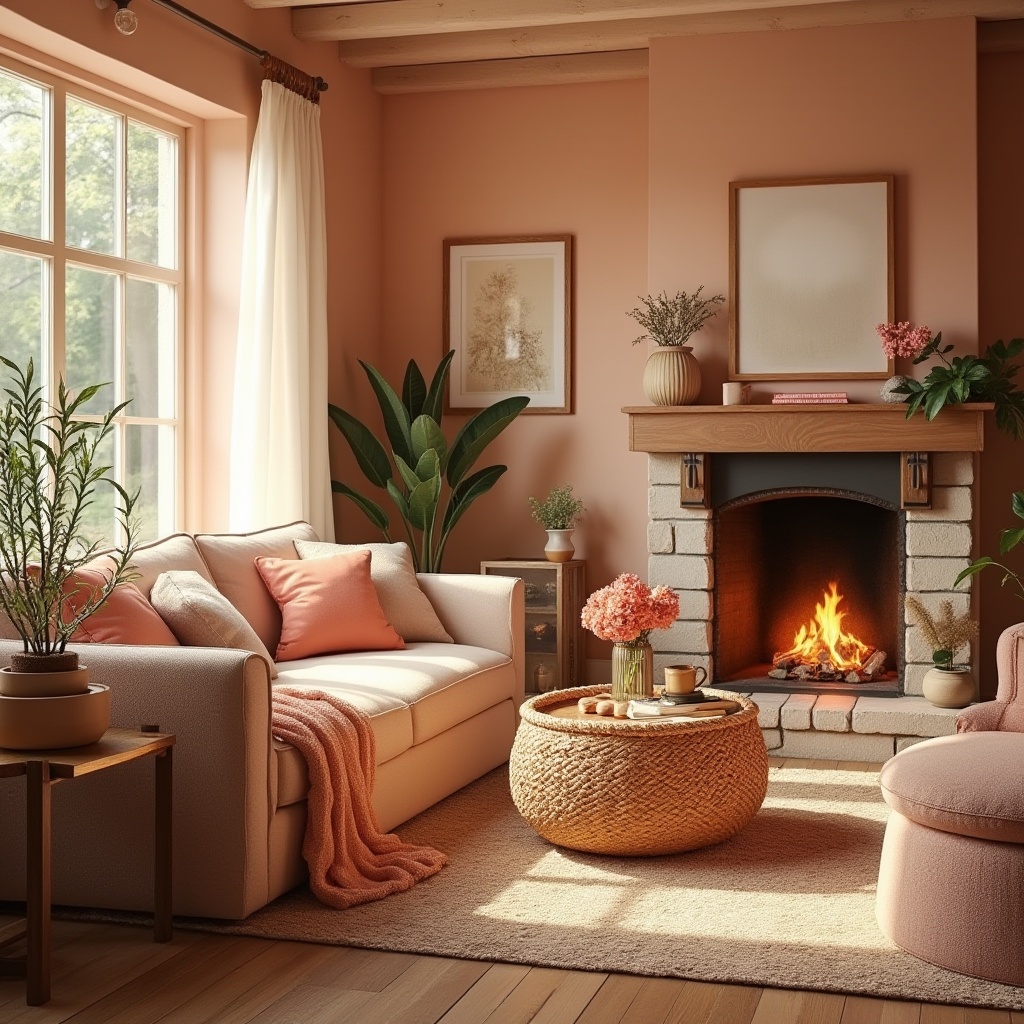 Prompt: Warm living room, coral color scheme, cozy atmosphere, comfortable couch, plush cushions, soft blankets, woven basket coffee table, natural wood flooring, large windows, sunny day, bright lighting, plants with green leaves, vase with fresh flowers, warm beige walls, rustic stone fireplace, crackling fire, gentle smoke, calming music, serene ambiance, 3/4 composition, soft focus, warm color tone, inviting mood.