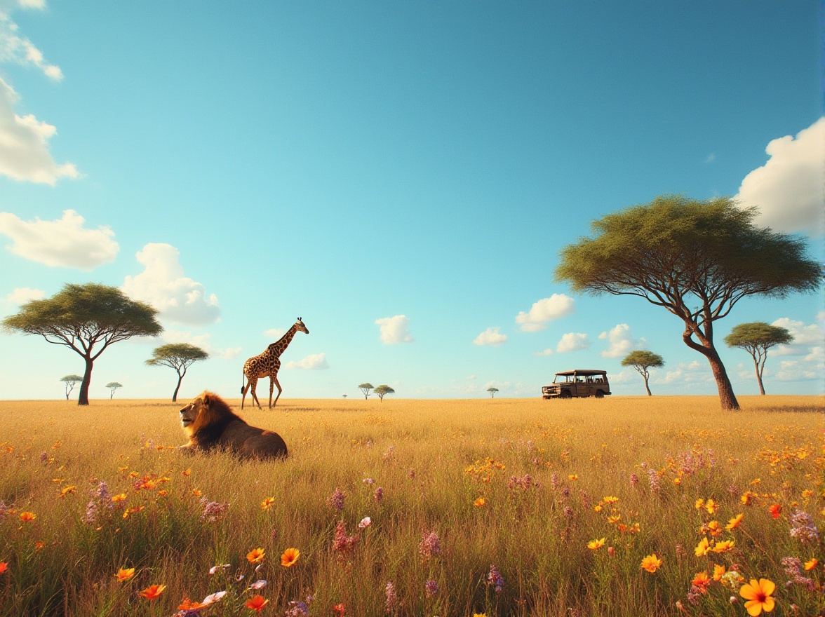 Prompt: Savanna environment, vast open grasslands, acacia trees, blue sky with few white clouds, sunny weather, warm atmosphere, gentle breeze, wildflowers blooming in vibrant colors, a giraffe roaming freely, a lion resting under a tree, a wooden safari car in the distance, rugged terrain, earthy tone, realistic textures, cinematic composition, 3/4 view angle, golden hour lighting.