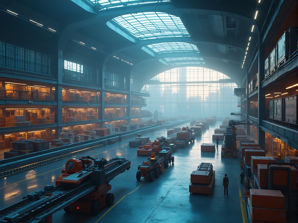 Prompt: Modern distribution center, futuristic architecture, sleek lines, metallic materials, neon lights, robotic arms, automated storage systems, towering shelves, conveyor belts, cargo drones, busy worker robots, high-tech gadgets, glass roofs, natural light pouring in, urban cityscape backdrop, evening atmosphere, misty fog effects, cinematic composition, 3/4 angle shot, softbox lighting, HDR rendering.