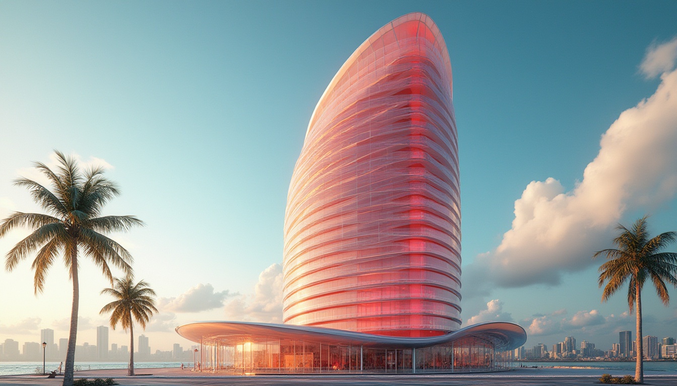 Prompt: Coral-colored skyscraper, futuristic architecture, sleek lines, angular shape, reflective glass windows, metallic accents, vibrant coral hue, ombre effect, gradient transition, beachside setting, clear blue sky, fluffy white clouds, palm trees swaying gently, cityscape in the distance, 3/4 composition, low-angle shot, warm golden lighting, dramatic shadows.