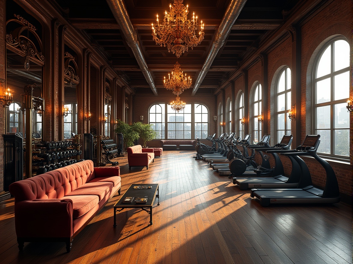 Prompt: Classic fitness club, luxurious interior design, incorporating steel material, metallic shine, industrial chic, exposed brick walls, high ceilings, grand chandeliers, velvet sofas, wooden floors, steel beams, iron columns, ornate mirrors, crystal decorations, masculine atmosphere, strong lighting, dramatic shadows, intense workout area, heavy dumbbells, Olympic weights, treadmills, stationary bicycles, fitness enthusiasts, sweaty bodies, intense exercises, urban scenery, city skyscrapers, morning sunlight, warm tone, cinematic composition.