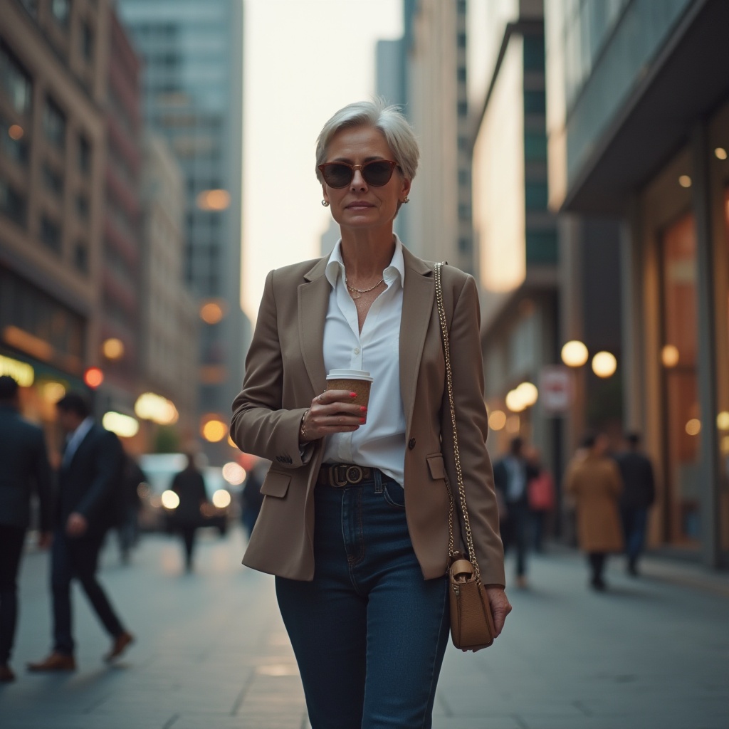 Prompt: Urban scenery, khaki color tone, modern skyscraper, busy streets, mature lady, casual wear, sunglasses, short hair, minimal makeup, fitted blazer, white shirt, dark blue jeans, boots, holding coffee cup, walking, city pavement, streetlights, evening time, warm lighting, cinematic composition, 3/4 view.