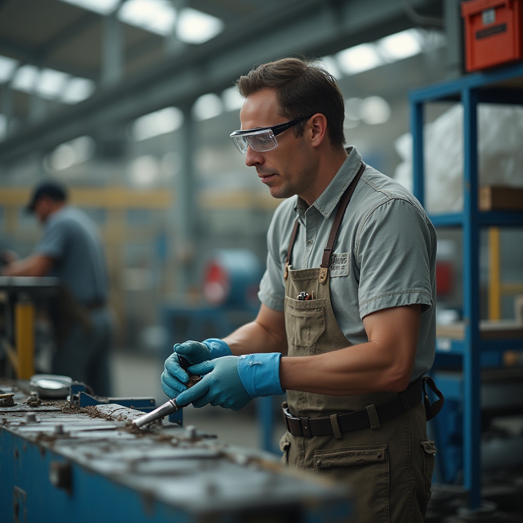 Prompt: Polyethylene materials, industrial setting, factory worker, gloves, safety goggles, casual wear, apron, toolbox, machinery, conveyor belt, pipes, valves, warehouse shelves, metal frames, natural light, soft focus, 3/4 composition, shallow depth of field.