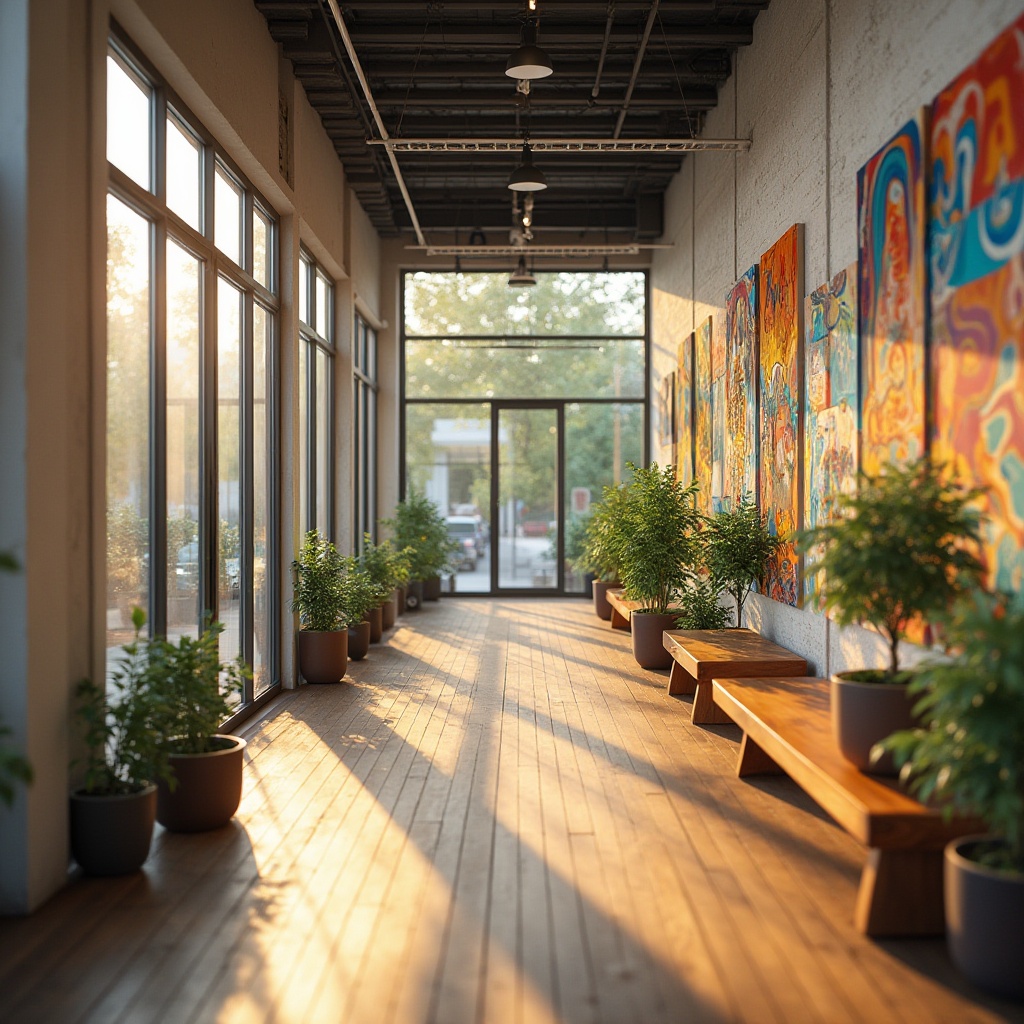 Prompt: Vibrant youth center, modern architecture, glass walls, natural light, colorful murals, showcasing local artists, diverse artwork displays, wooden floor, minimalist benches, potted plants, soft warm lighting, afternoon ambiance, 3/4 composition, slight blur effect, shallow depth of field, warm color tone, community atmosphere.